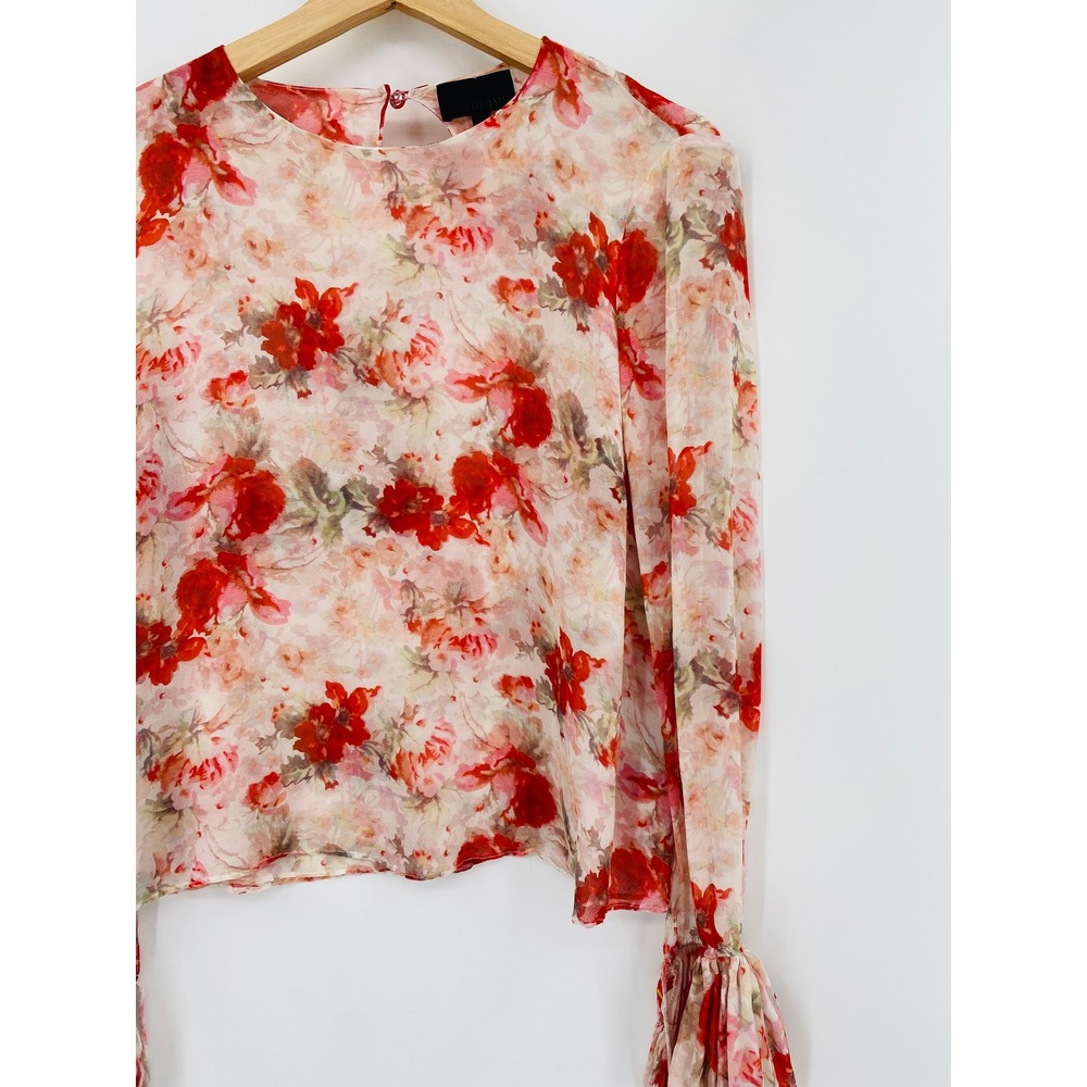 Intermix Blouse Womens Size P Pink Floral Silk Long Sleeve‎ Tie Cuff Sheer Top